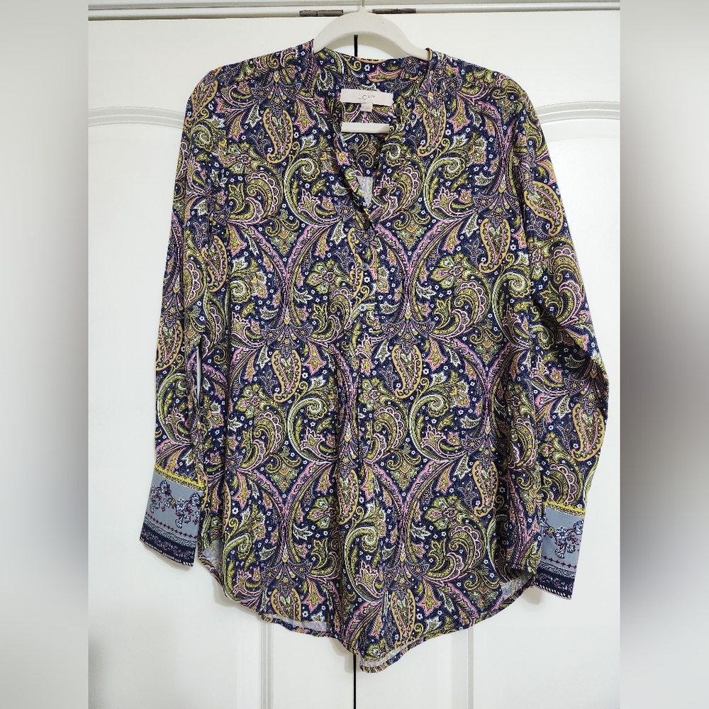LOFT Paisley V-Neck Blouse in Navy, Pink & Yellow